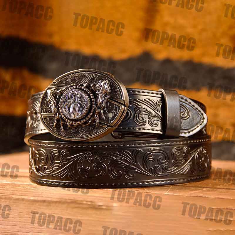TOPACC Western Genuine Leather Pattern Tooled Black Belt - Buckle with Block