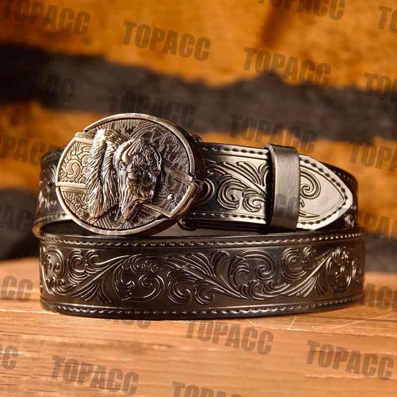 TOPACC Western Genuine Leather Pattern Tooled Black Belt - Buckle with Block