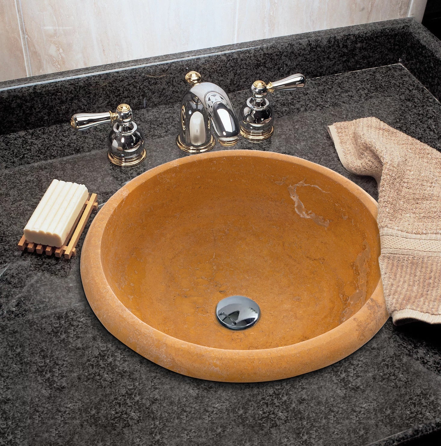 Natural Golden Sienna Natural Stone Vessel Sink Honed and Filled (D)16