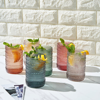 Beaded Highball Drinking Glasses | Set of 6 | Muted Color, Vintage Hobnail 14 OZ Muted Bubble Design Whiskey Glassware, Old-Fashioned, Embossed Design Glass for Water, Wine, Cocktail HAND WASH ONLY