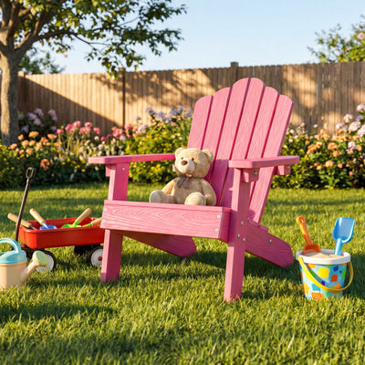 Kids Adirondack Chair All-weather Outdoor Chair for Children with Tilted High Backrest-Pink