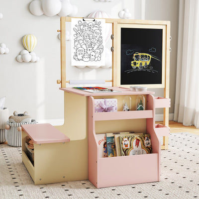 Kids Art Center Wooden Table Bench Set-Pink