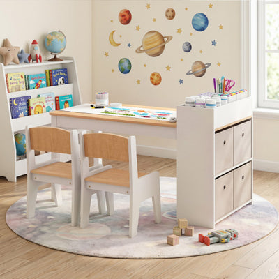 Kids Art Table and Chairs Set with 2 Chairs and Paper Roll-Natural