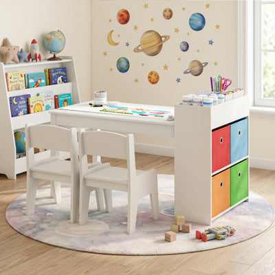 Kids Art Table and Chairs Set with 2 Chairs and Paper Roll-White