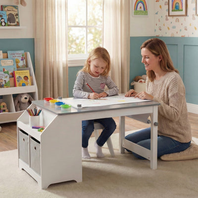 Kids Art Table and Stool Set Toddler Activity Desk with Paper Roll and 4 Paint Cups for Drawing Learning-Gray