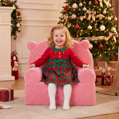 Kids Bear Sofa Toddler Foam Couch with Soft Fleece Fabric Cover-Pink