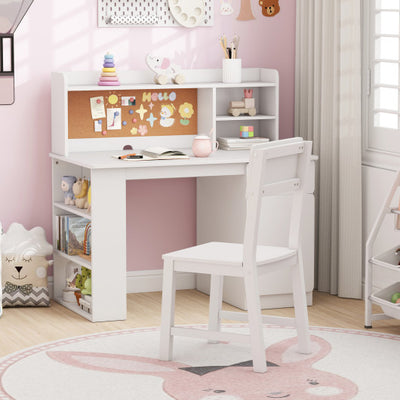 Kids Desk and Chair Set with Hutch and 3-Layer Side Shelf-White
