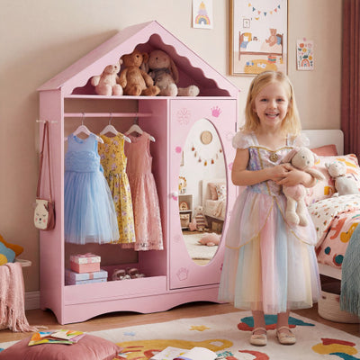 Kids Dress Up Storage with Mirror Roofed Wardrobe Closet with Open Hanging Rack-Pink