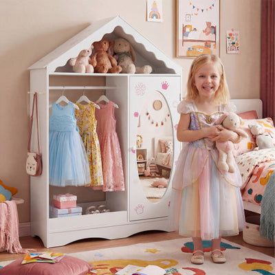 Kids Dress Up Storage with Mirror Roofed Wardrobe Closet with Open Hanging Rack-White