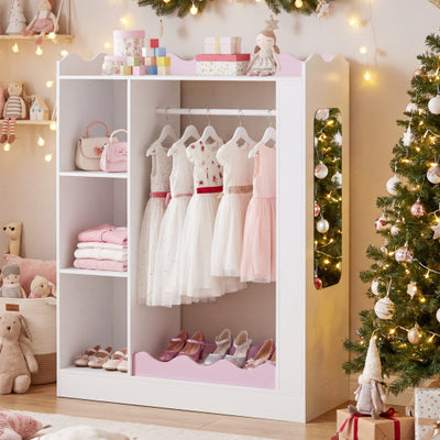 Kids Dress Up Storage with Mirrors and Hanging Rack and Shelves for Bedroom-Pink