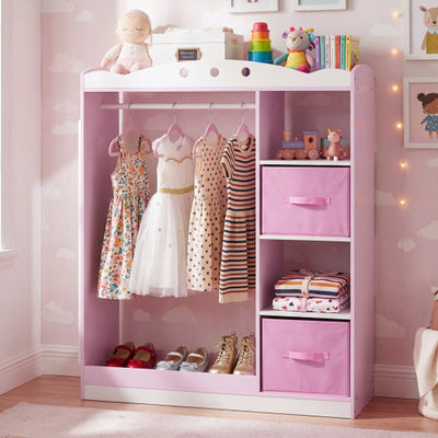 Kids Dress Up Storage with Full Length Mirror and Open Shelves-Pink