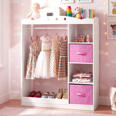 Kids Dress Up Storage with Full Length Mirror and Open Shelves- White