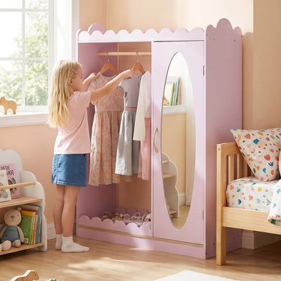Kids Dress Up Storage with Full Length Mirror and Door Cabinet-Pink