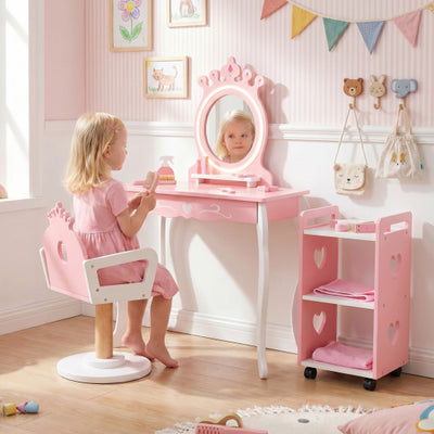 Kids Hair Salon Play Set with LED Lighted Mirror Wooden Pretend Hair Salon Station with Swivel Barber Chair-Pink