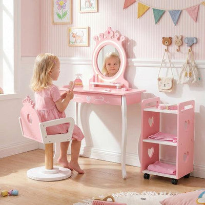 Kids Hair Salon Play Set with LED Lighted Mirror Wooden Pretend Hair Salon Station with Swivel Barber Chair-Pink