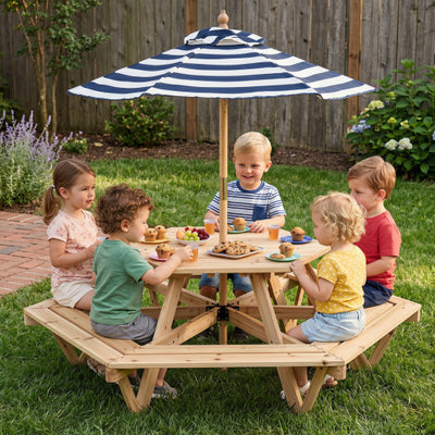 Kids Hexagonal Picnic Table with Adjustable Umbrella and Chairs-Natural