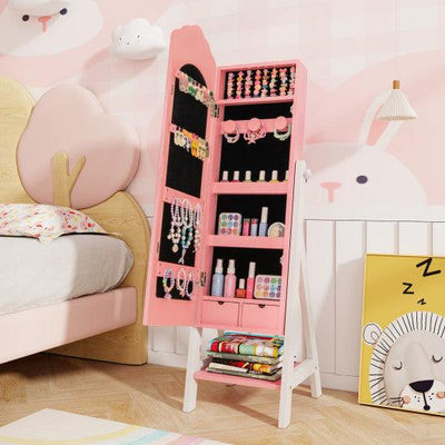 Kids Jewelry Organizer with Full Length Mirror Drawers and Storage Shelves-Pink