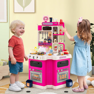 Kids Kitchen Playset Corner Play Kitchen with Realistic Sounds and Lights-Pink