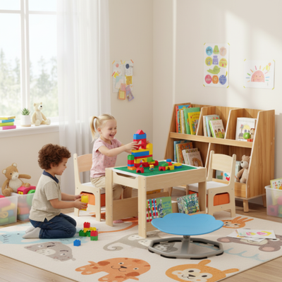 Kids Learning & Play Essentials Bundle — Bookshelf + 4-in-1 Activity Table Set + 360° Swivel Chair