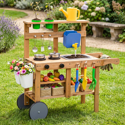 Kids Mud Kitchen with Water Tank and Sink and 15 Accessories for Ages 3+-Natural