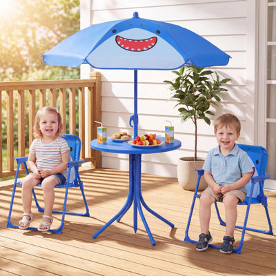 Kids Outdoor Table and Chair Set with 2 Folding Chairs and Height Adjustable Umbrella-Blue