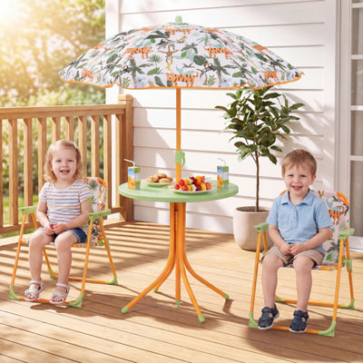 Kids Outdoor Table and Chair Set with 2 Folding Chairs and Height Adjustable Umbrella-Yellow