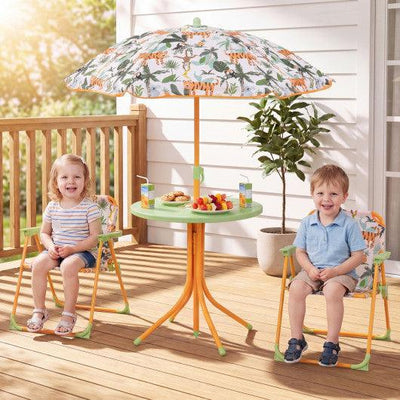 Kids Outdoor Table and Chair Set with 2 Folding Chairs and Height Adjustable Umbrella-Yellow