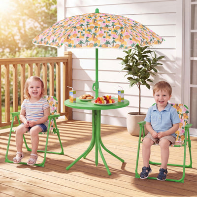 Kids Outdoor Table and Chair Set with 2 Folding Chairs and Height Adjustable Umbrella-Beige
