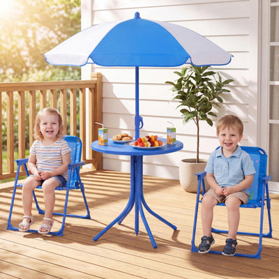 Kids Outdoor Table and Chair Set with 2 Folding Chairs and Height Adjustable Umbrella-Navy
