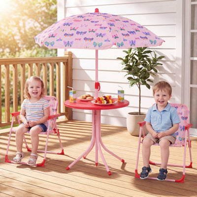 Kids Outdoor Table and Chair Set with 2 Folding Chairs and Height Adjustable Umbrella-Pink and White