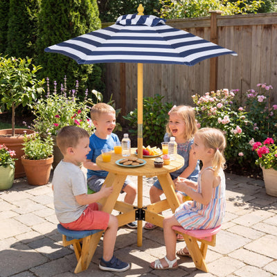 Kids Picnic Table with Stools and Foldable Adjustable Umbrella for Backyard and Patio-Blue
