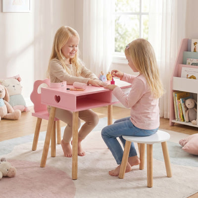 Kids Pretend Nail Salon Playset with Chair and Stool Wooden Toddlers Makeup and Manicure Kit with Eye Shadow-Pink