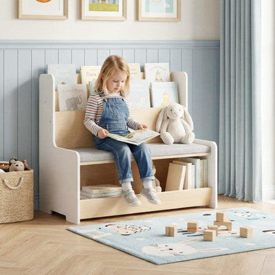 Kids Reading Nook with Bench Bookshelf and 2 Cubbies-White