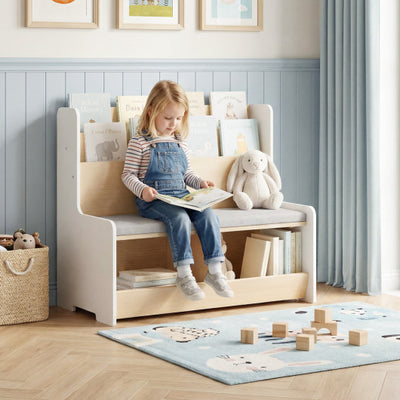 Kids Reading Nook with Bench Bookshelf and 2 Cubbies-White