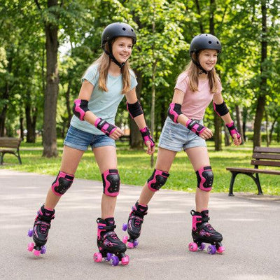 Kids Roller Skates for Girls Boys Teens 4 Sizes Adjustable Quad Skates with Light-up Wheels-Pink