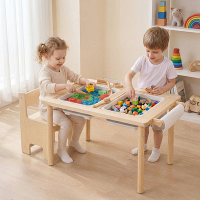 Kids Sensory Table Set with Adjustable Height and 2 Storage Bins-Natural