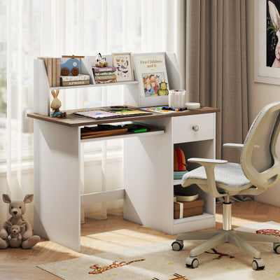 Kids Study Desk Children Writing Table with Drawer Shelves and Keyboard Tray-Natural