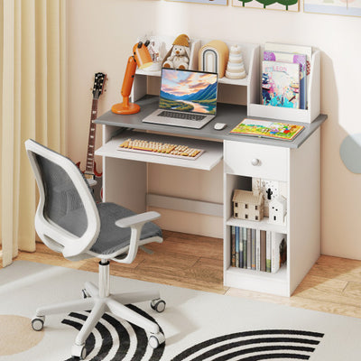 Kids Study Desk Children Writing Table with Hutch Drawer Shelves and Keyboard Tray-Gray