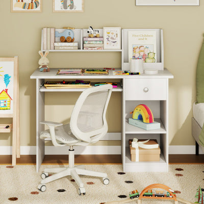 Kids Study Desk Children Writing Table with Hutch Drawer Shelves and Keyboard Tray-White