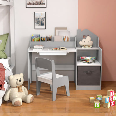 Kids Study Desk and Chair Set with Open Shelves Drawer and Fabric Storage Bin-Gray