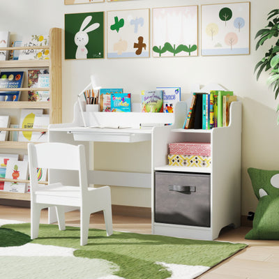 Kids Study Desk and Chair Set with Open Shelves Drawer and Fabric Storage Bin-White
