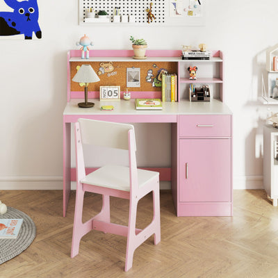 Kids Study Desk and Chair Set Student Table and Chair-White + Pink
