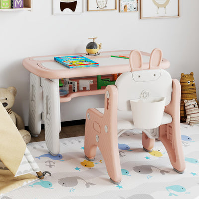 Kids Table and Chair Set with Flip-Top Bookshelf-Pink
