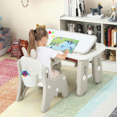 Kids Table and Chair Set with Flip-Top Bookshelf-Gray