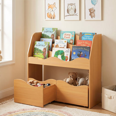 Kids Toy Wooden Storage Organizer with 2 Rolling Drawers for Kids Room-Natrual