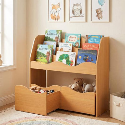 Kids Toy Wooden Storage Organizer with 2 Rolling Drawers for Kids Room-Natrual
