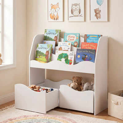 Kids Toy Wooden Storage Organizer with 2 Rolling Drawers for Kids Room-White