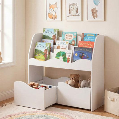 Kids Toy Wooden Storage Organizer with 2 Rolling Drawers for Kids Room-White