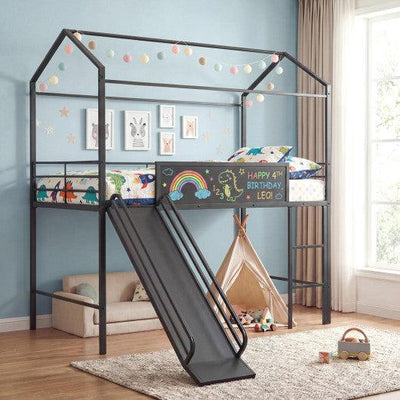 Kids Twin Size Loft Bed with Ladder and Slide for Bedroom-Black