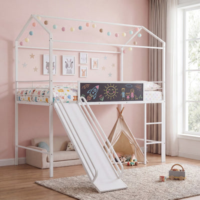 Kids Twin Size Loft Bed with Ladder and Slide for Bedroom-White